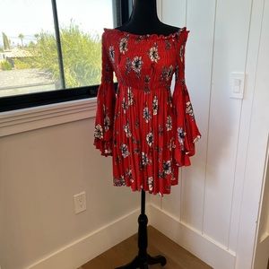 Red floral dress, flowy, off the shoulder